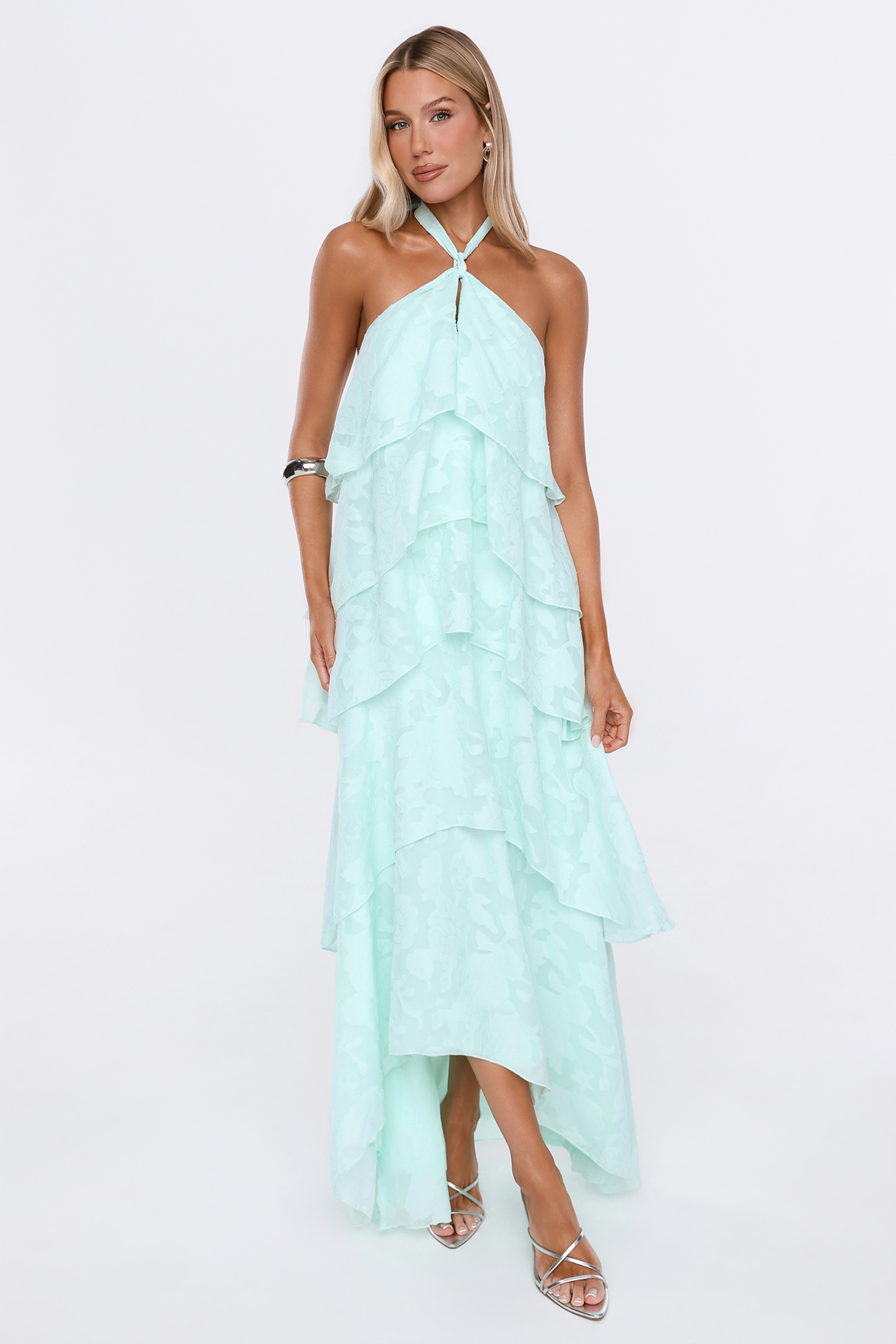 Floral Textured Tiered Halter Maxi Dress Mint