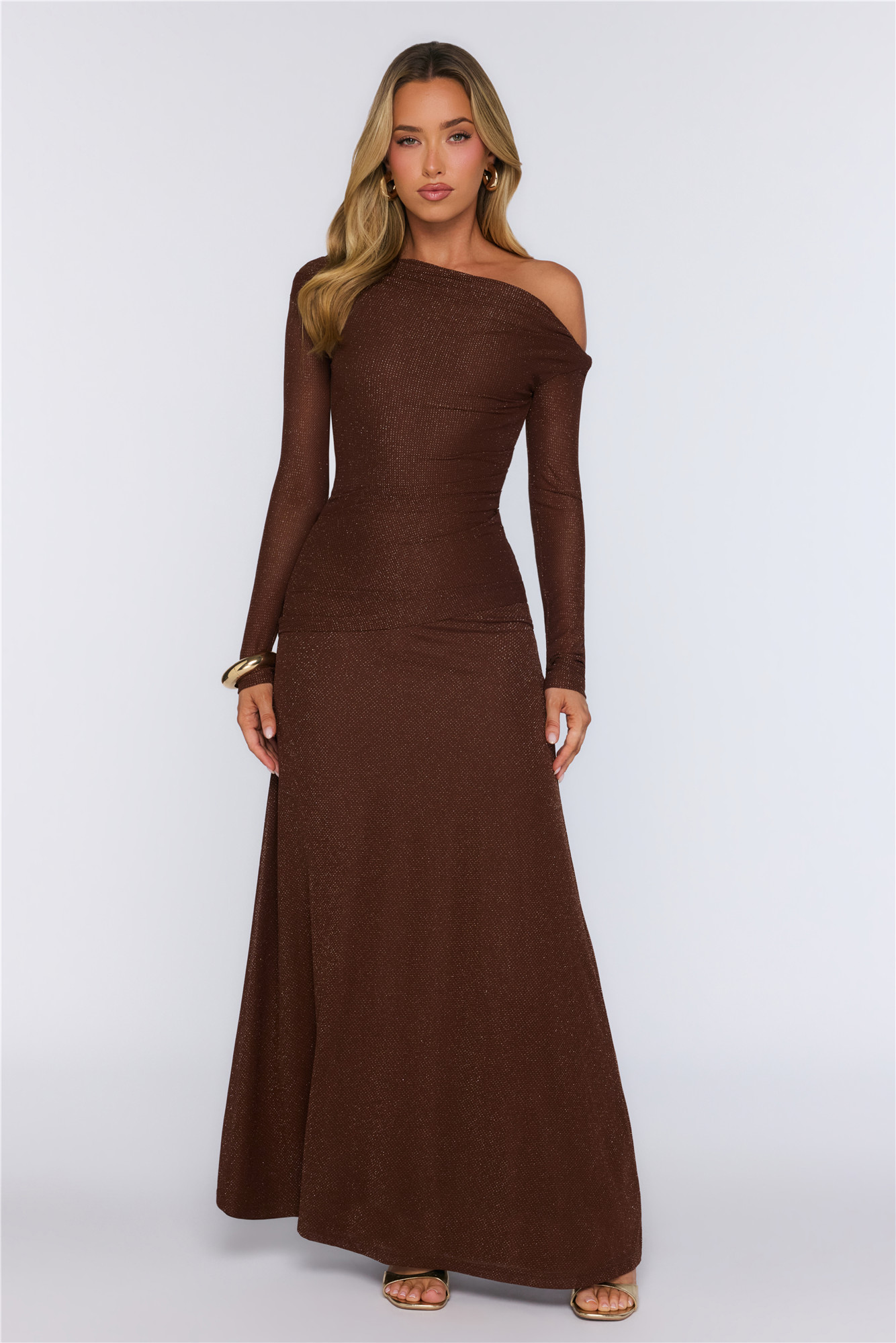 The Style Issue Mesh Off Shoulder Maxi Dress Brown