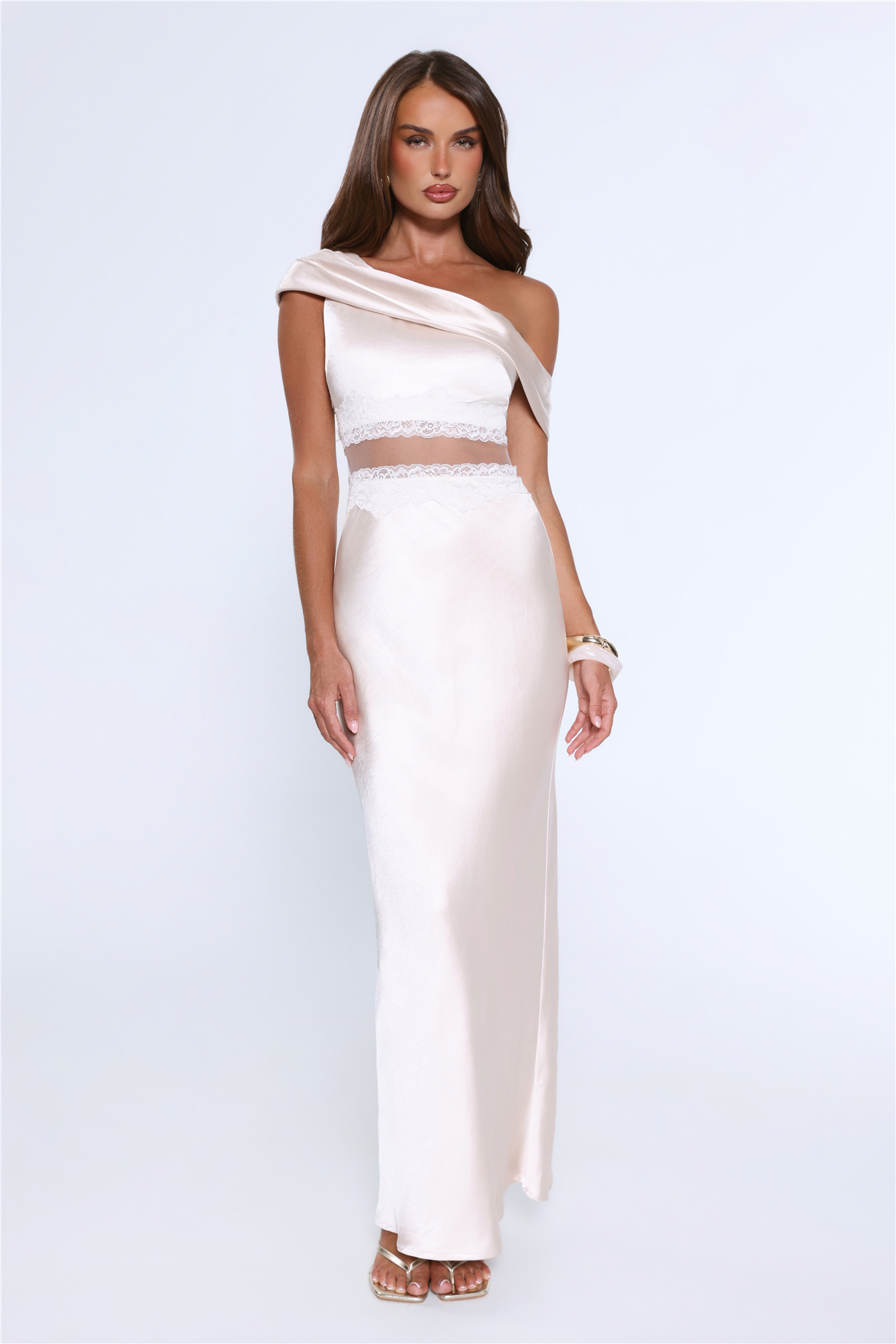 Under Candlelights Off Shoulder Satin Maxi Dress Champagne