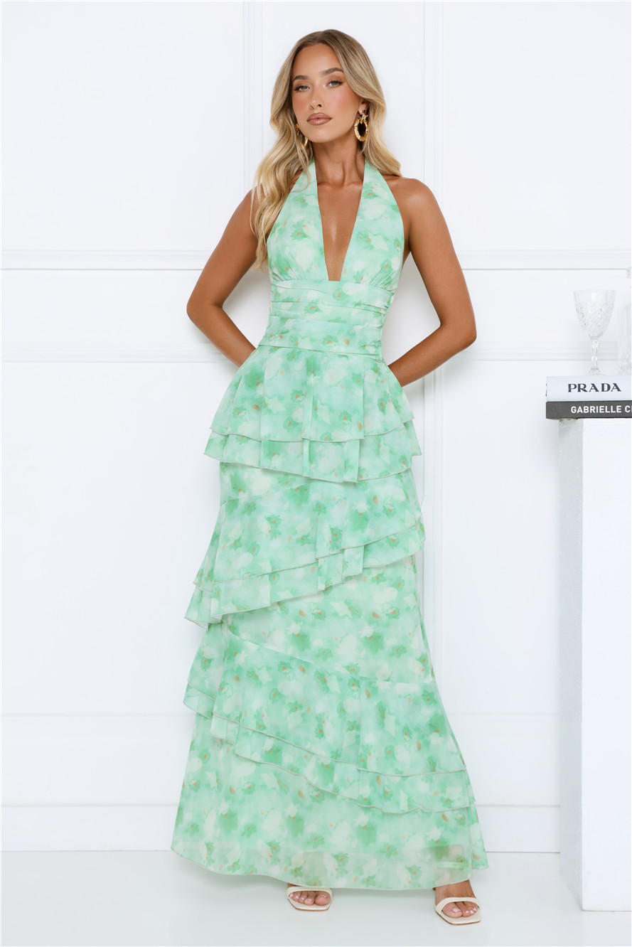 Summer Haze Floral Print Halter Maxi Dress Green