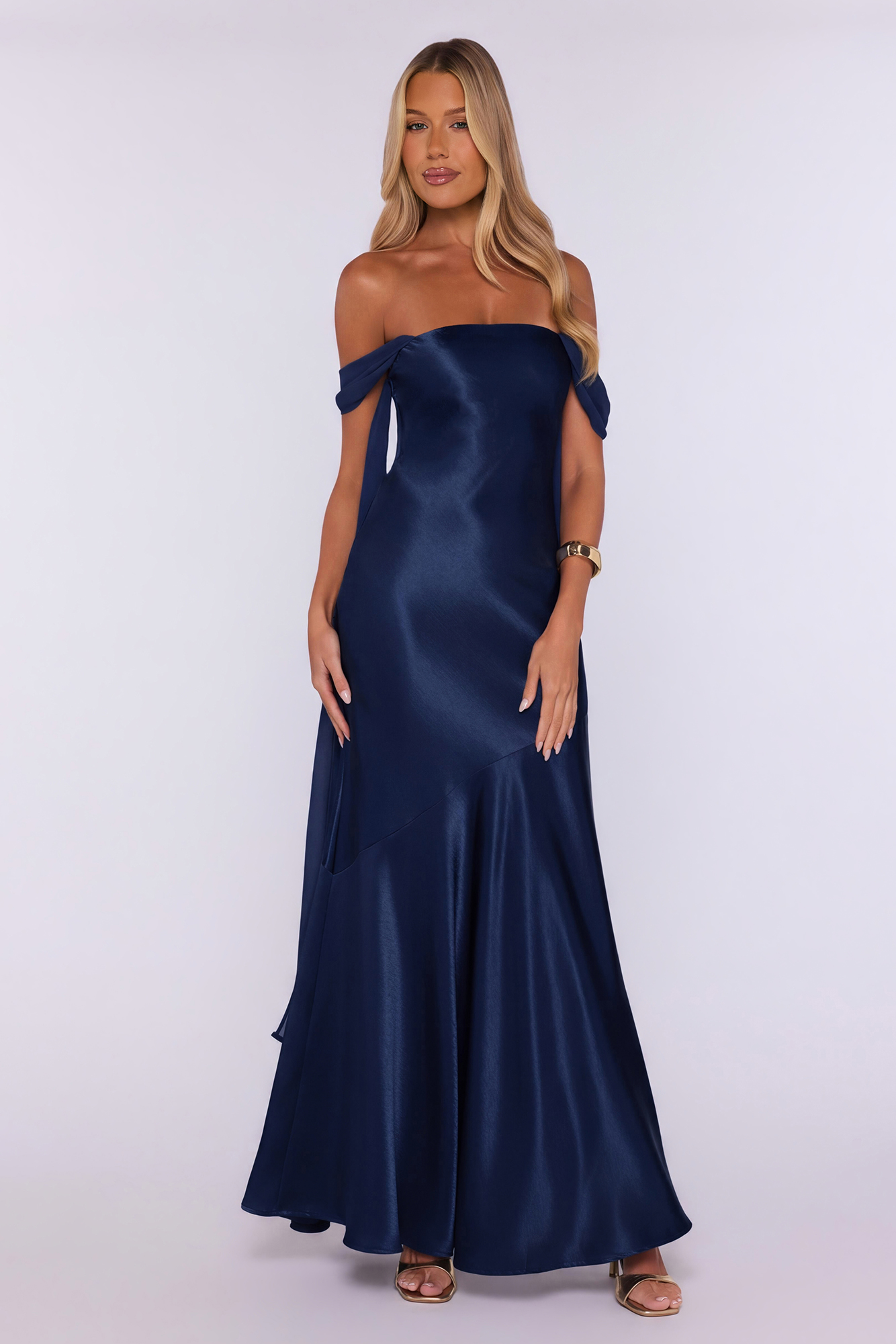 Evening Glam Off Shoulder Satin Maxi Dress Navy