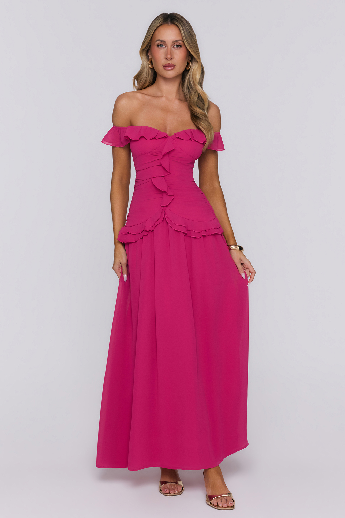 Dewy Glow Off Shoulder Maxi Dress Magenta
