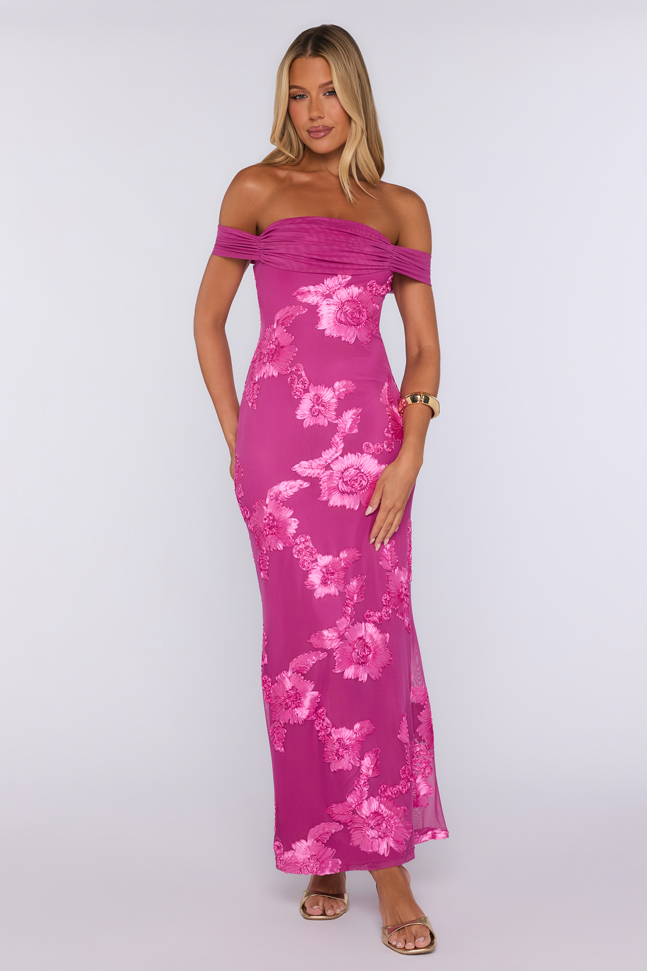 Lush Bloom Embroidered Off Shoulder Maxi Dress Magenta