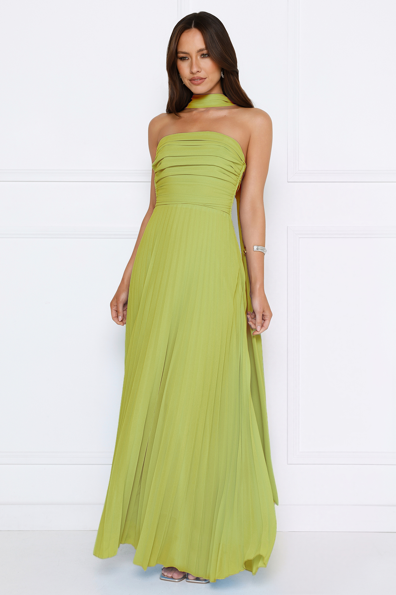 Sugar Babe Strapless Pleated Maxi Dress Lime