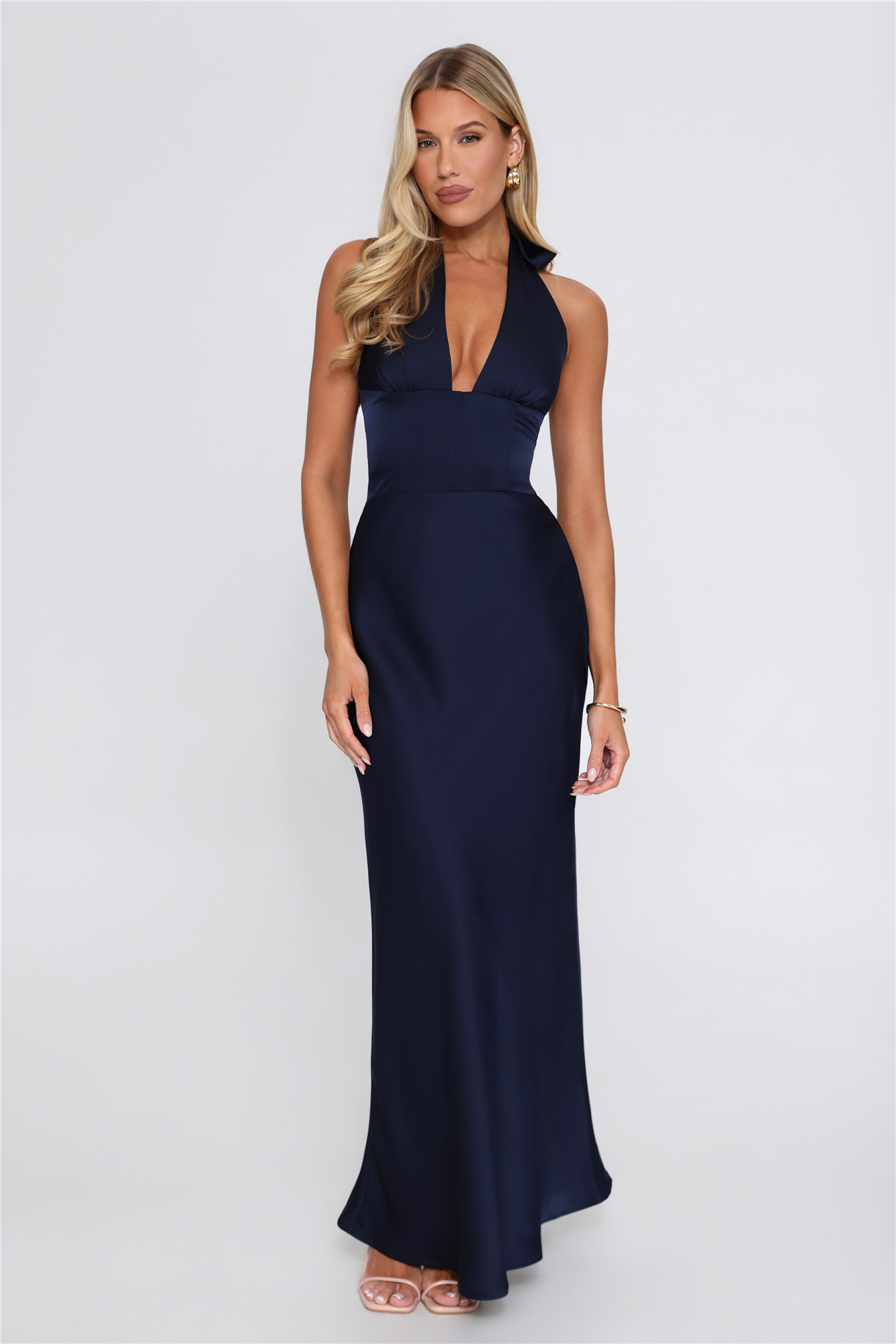 Romance Club Satin Halter Maxi Dress Navy