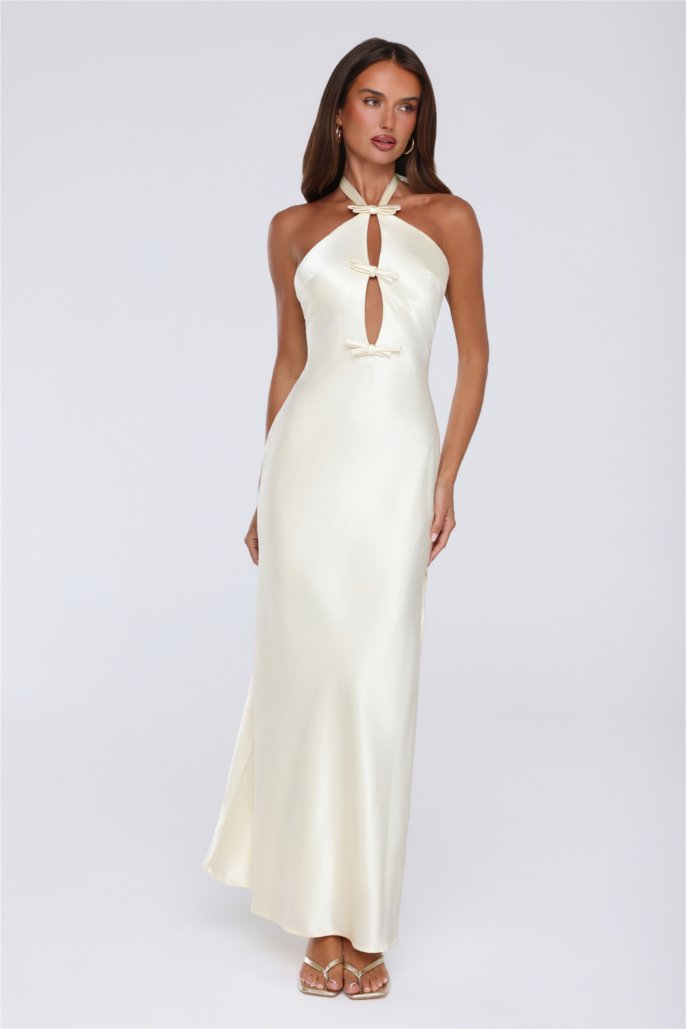 Sleek Halter Neck Cutout Satin Maxi Dress Yellow