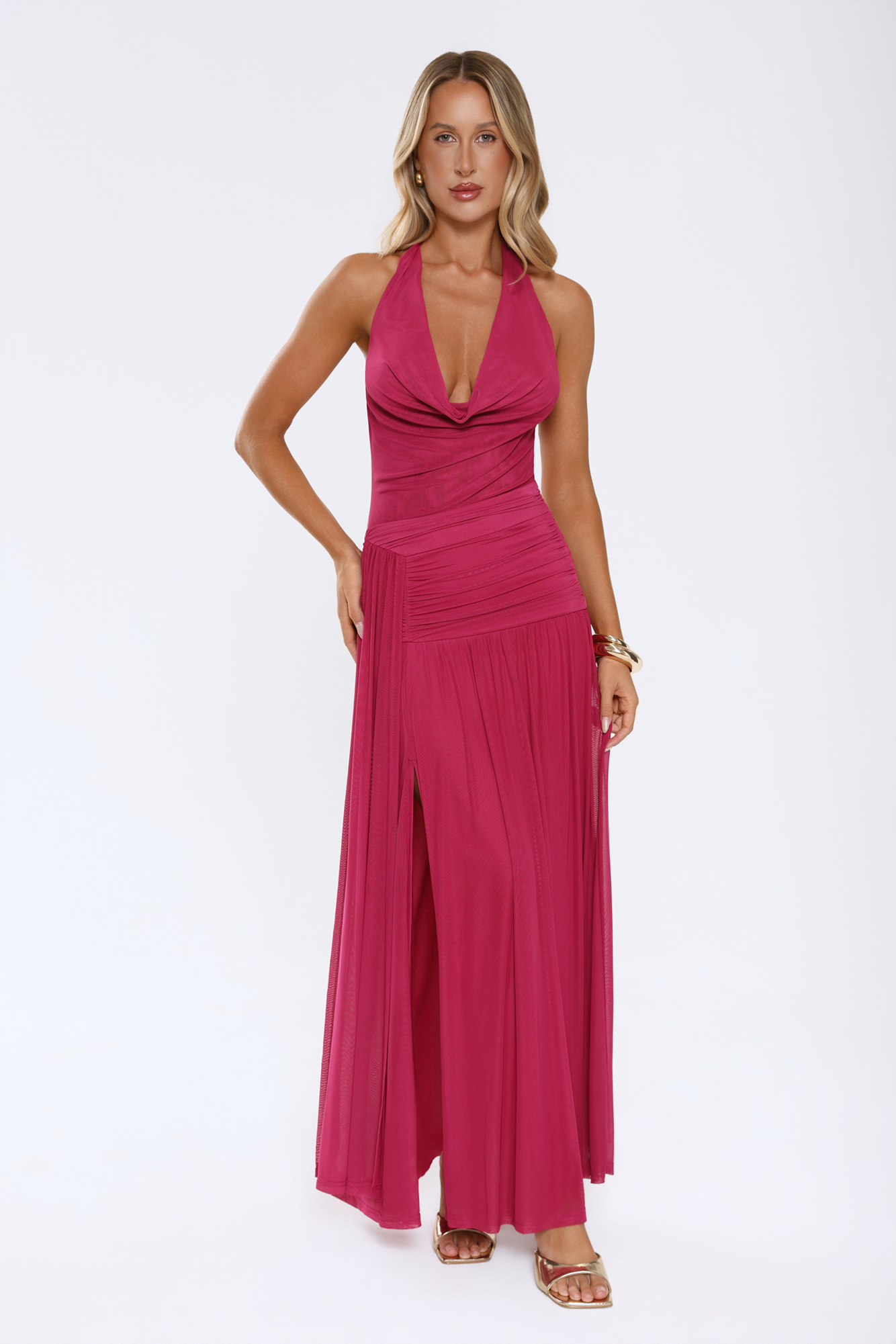 Stay Iconic Always Mesh Halter Maxi Dress Pink