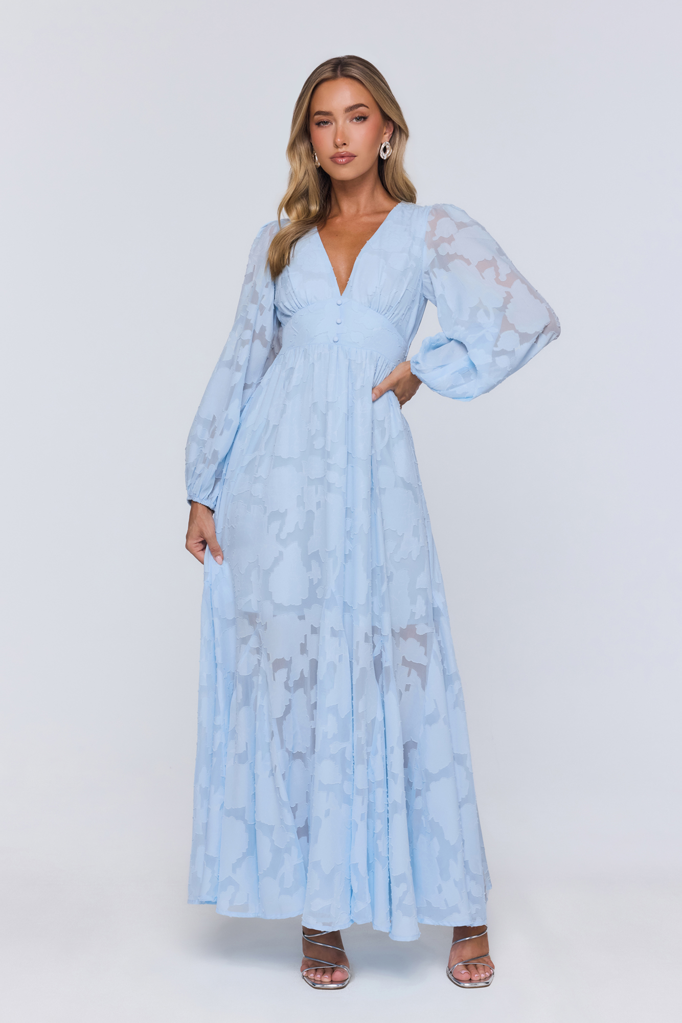 Glow Blossom Long Sleeve Maxi Dress Blue