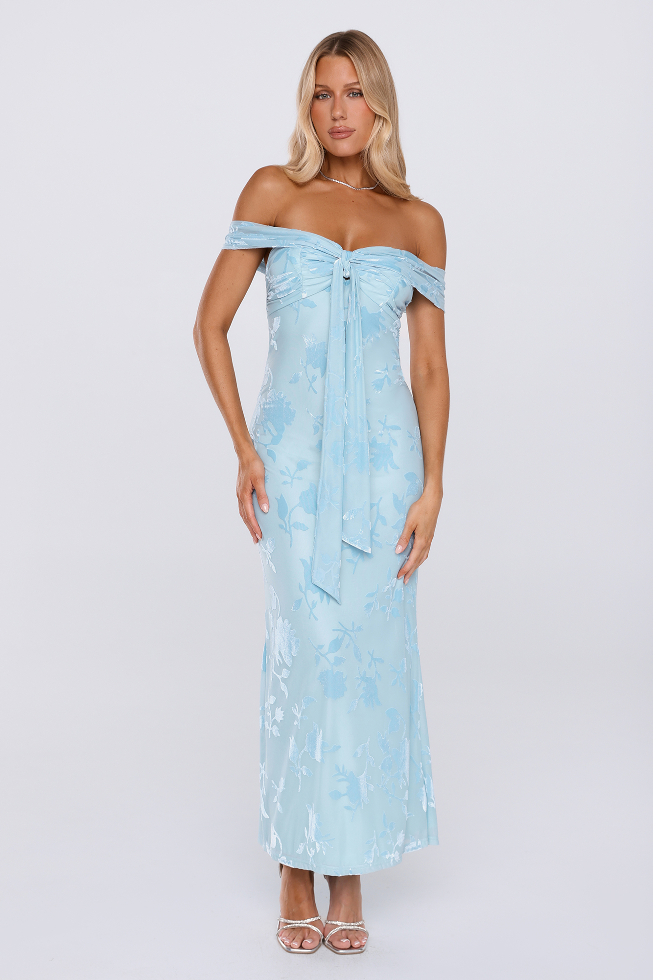 Pretty Little Mood Off Shoulder Maxi Dress Blue