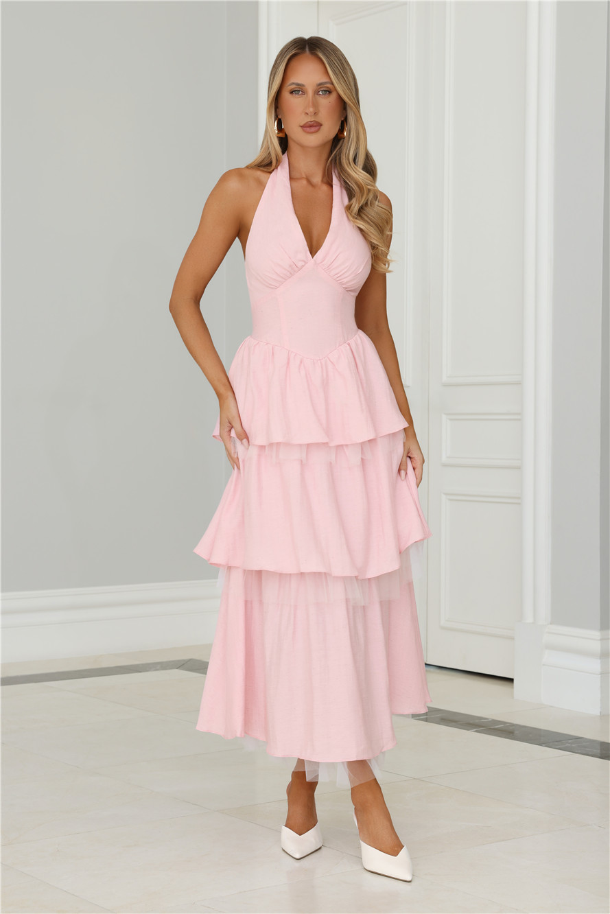 Twinkle Into Night Tulle Halter Maxi Dress Pink