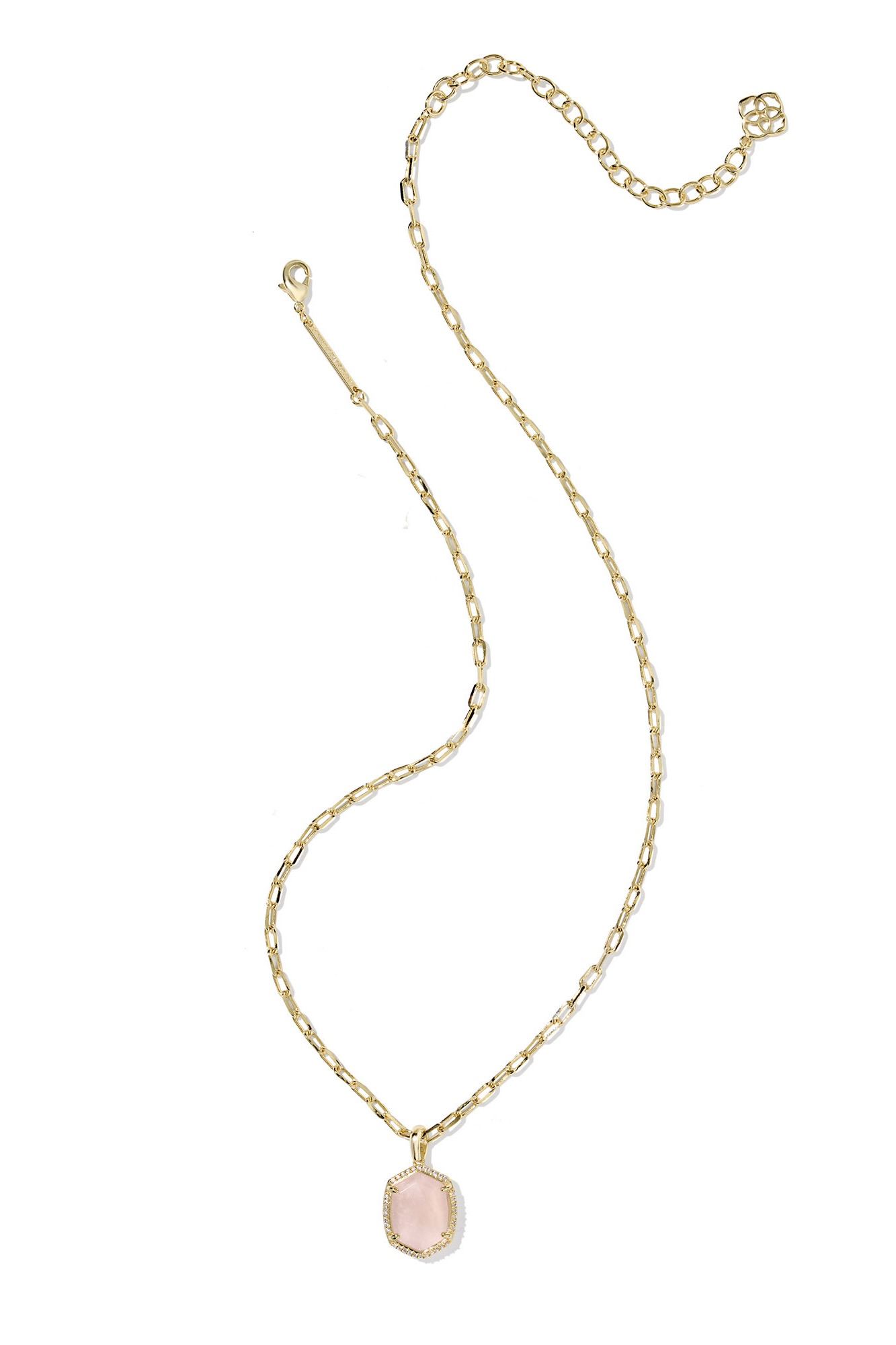 Daphne Gold Pave Frame Short Pendant Necklace Rose Quartz