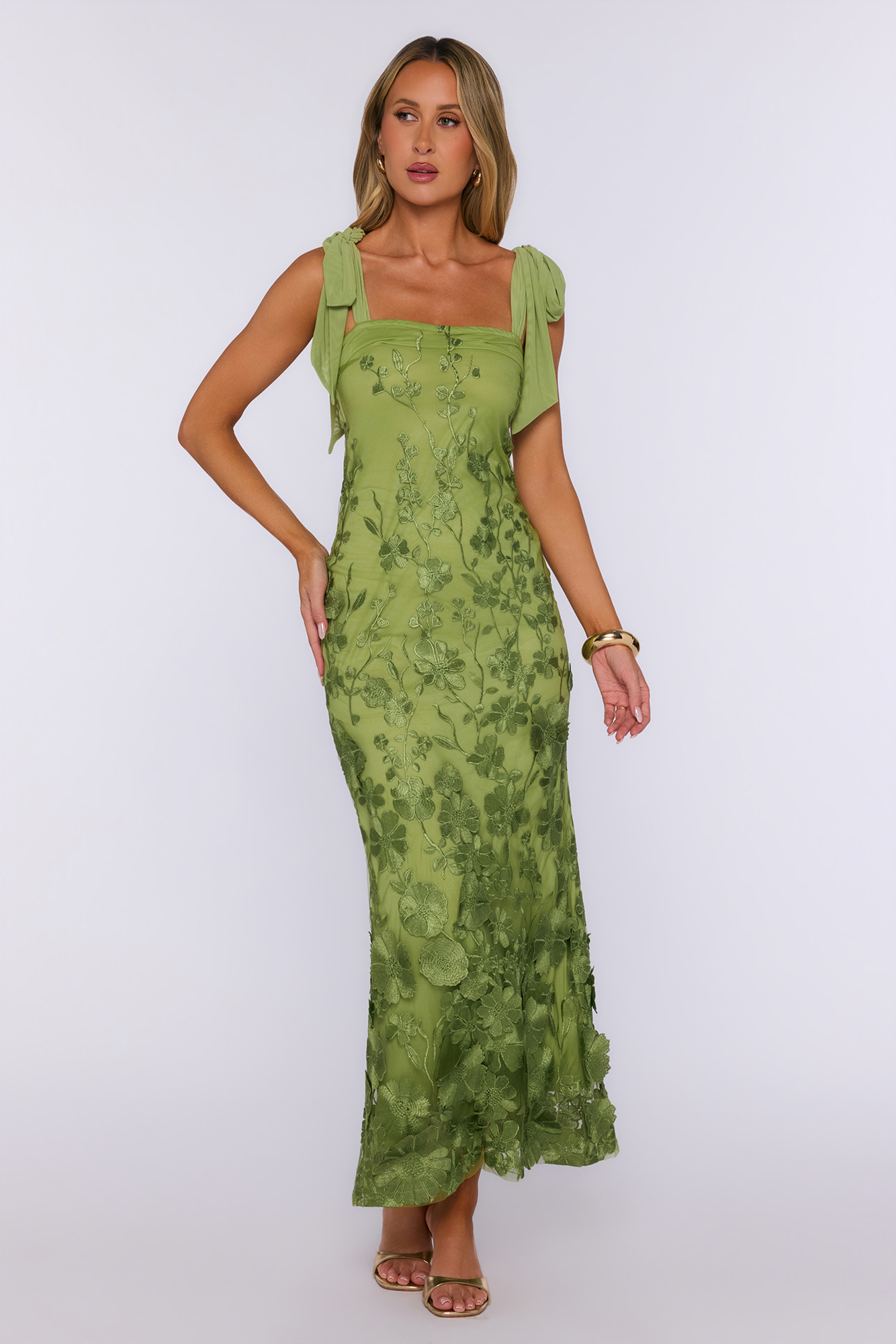 Enchanted Ivy Floral Embroidered Tie Shoulder Maxi Dress Green