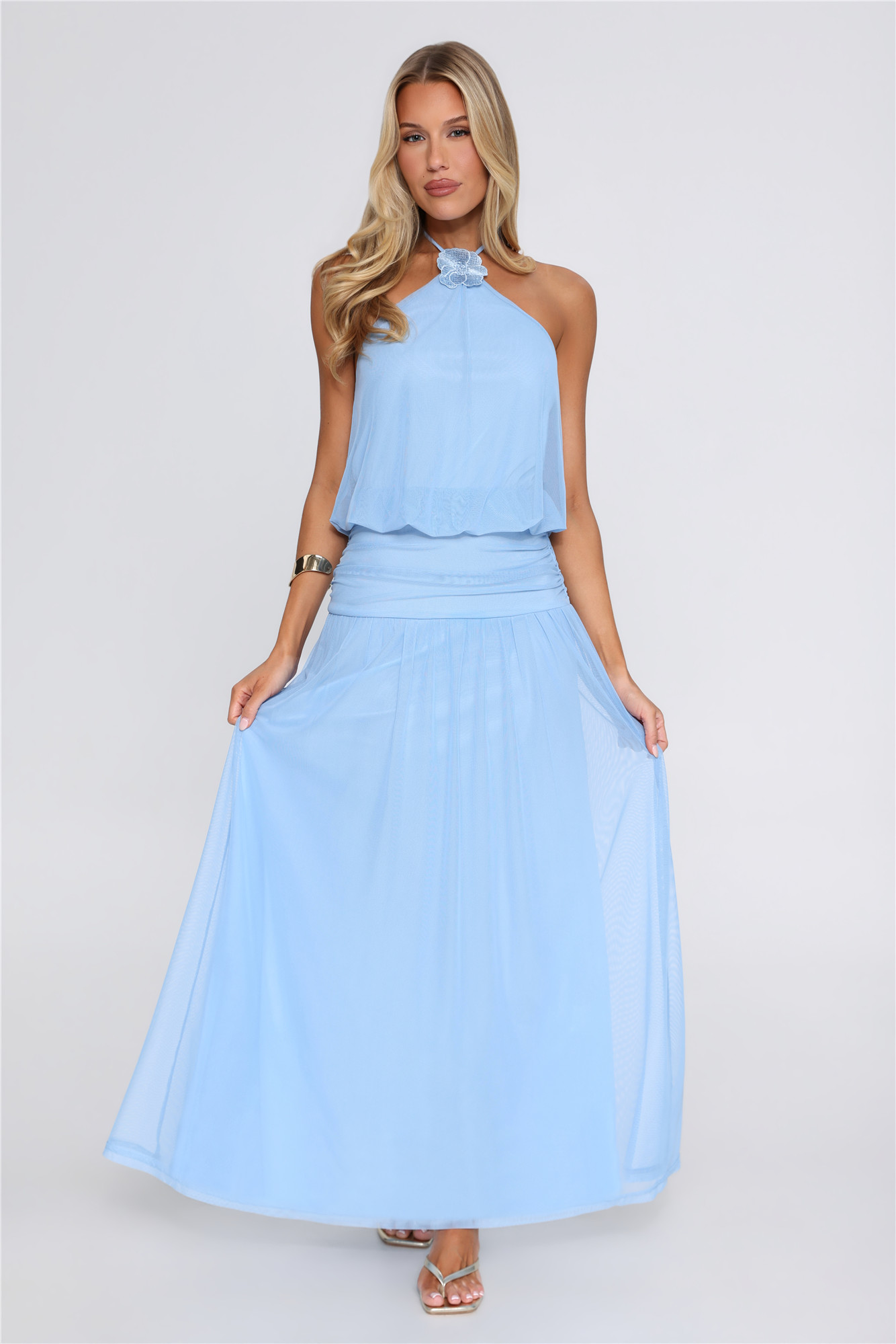 Stylish Walk Mesh Halter Maxi Dress Blue