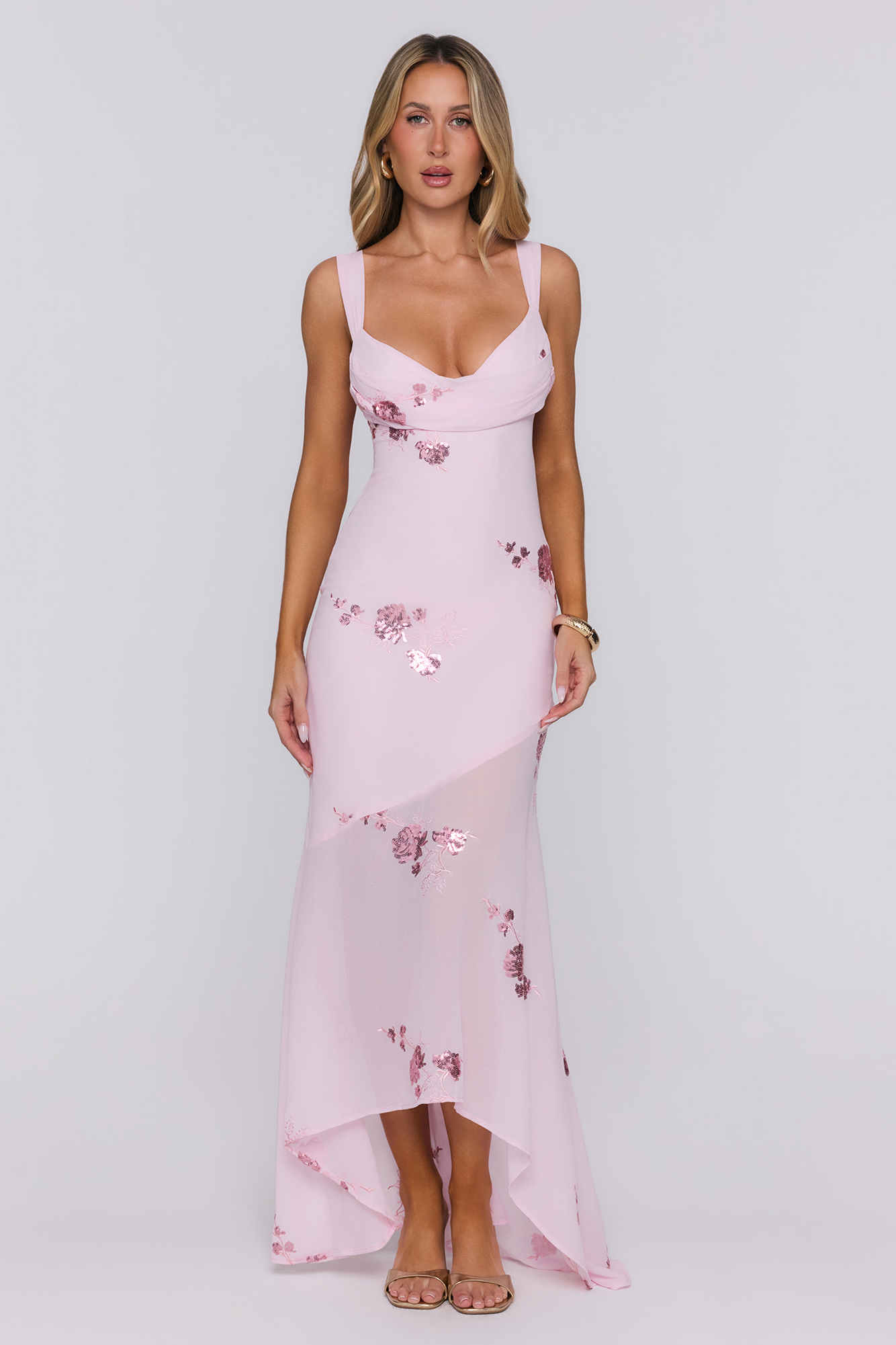 Flirty Sequin Embroidered High-Low Maxi Dress Pink