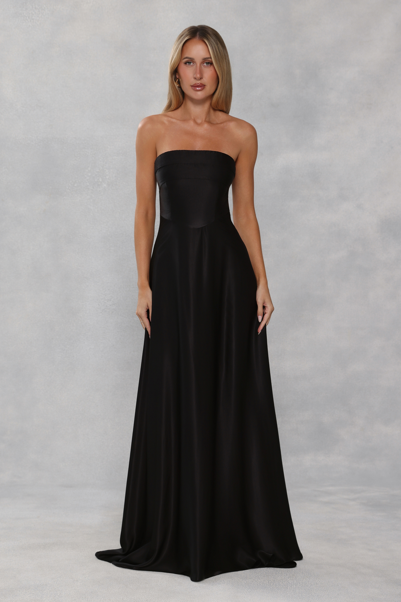 The Serina Strapless Satin Maxi Dress Black