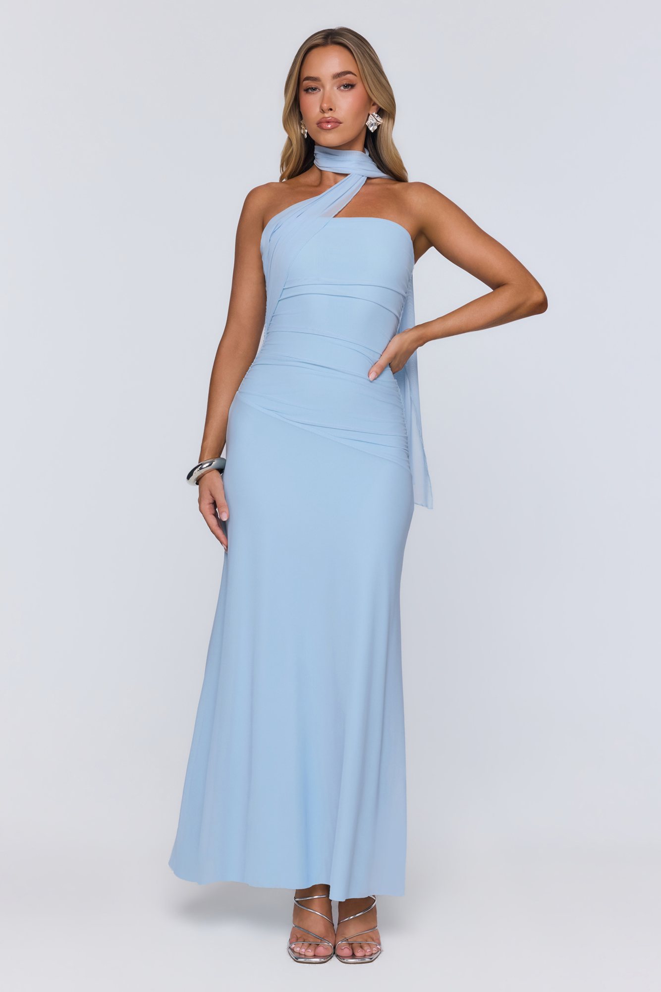Evening Allure Mesh Strapless Maxi Dress Blue