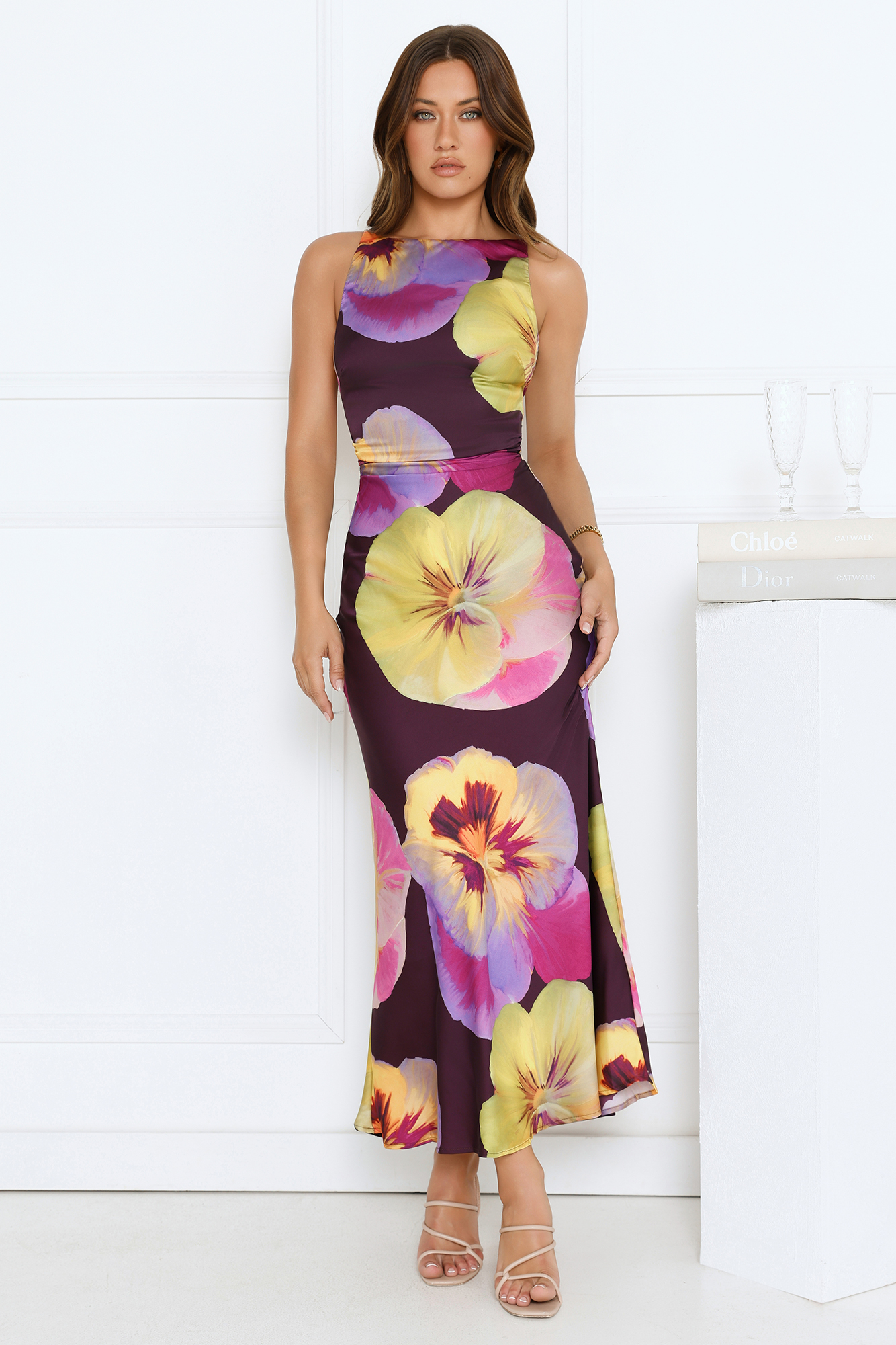 Sunflower Soirée Satin Maxi Dress Purple