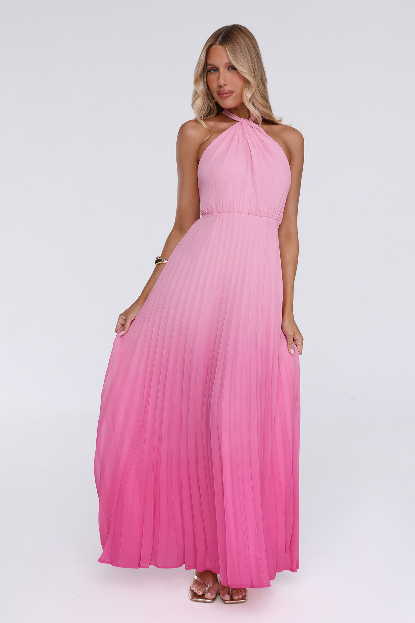Flirt Fest Halter Pleated Maxi Dress Pink