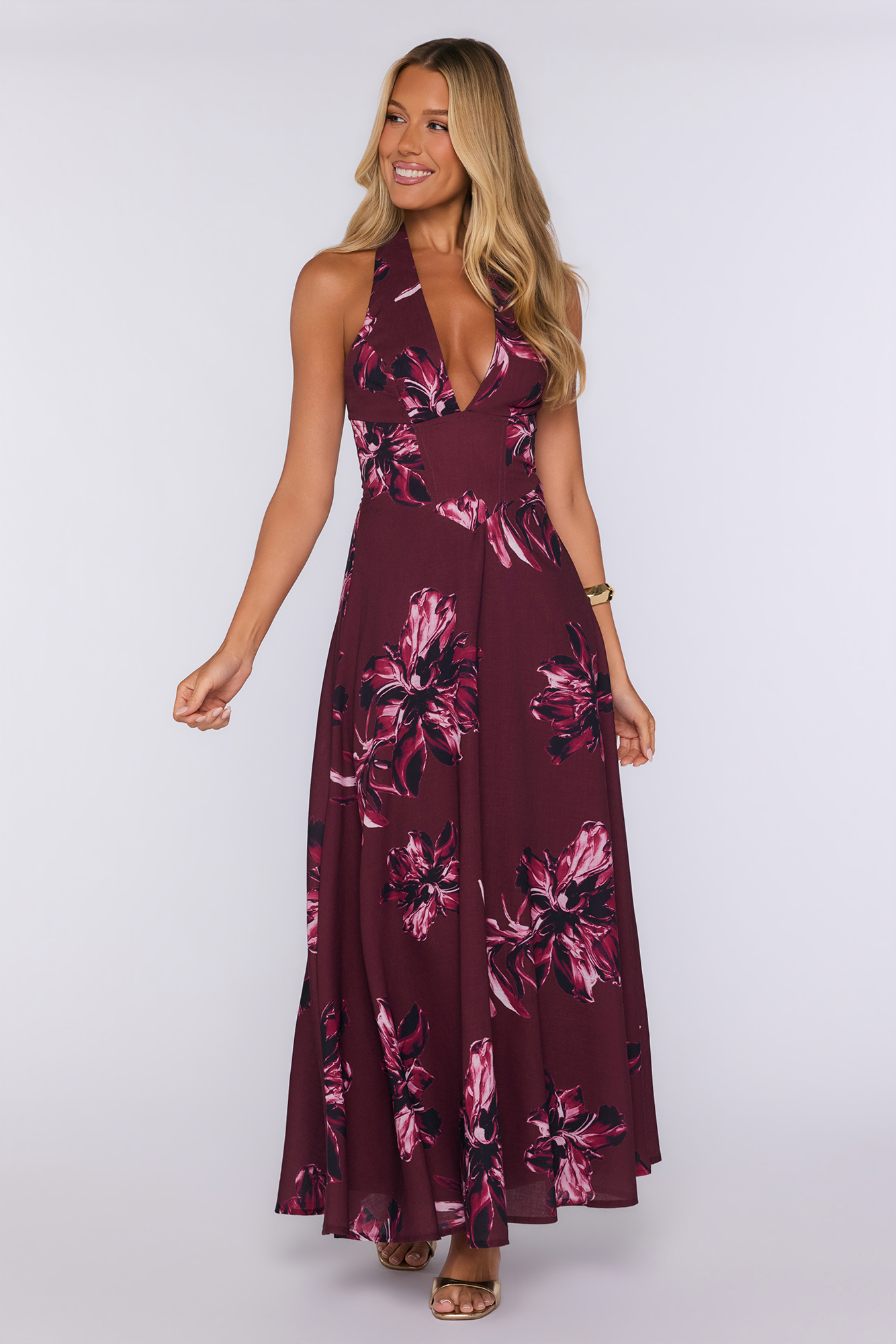 The Night Shift Halter Maxi Dress Wine