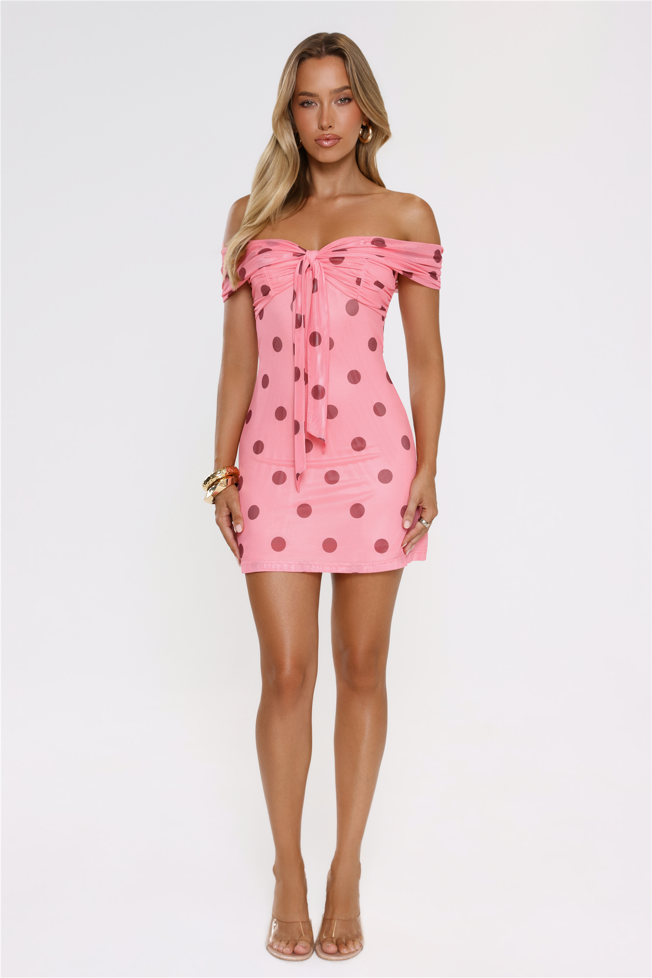 Take The Hint Off Shoulder Mesh Polka Dot Mini Dress Pink