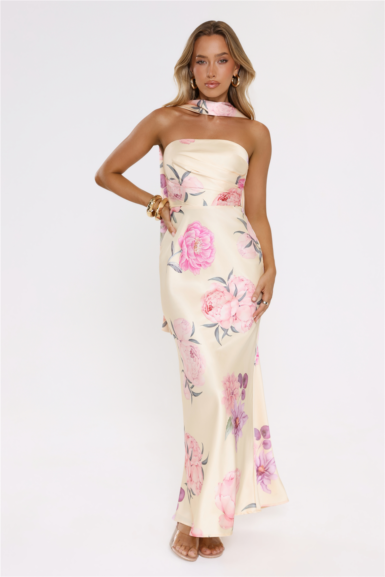 Chic Blooms Satin Maxi Dress Yellow