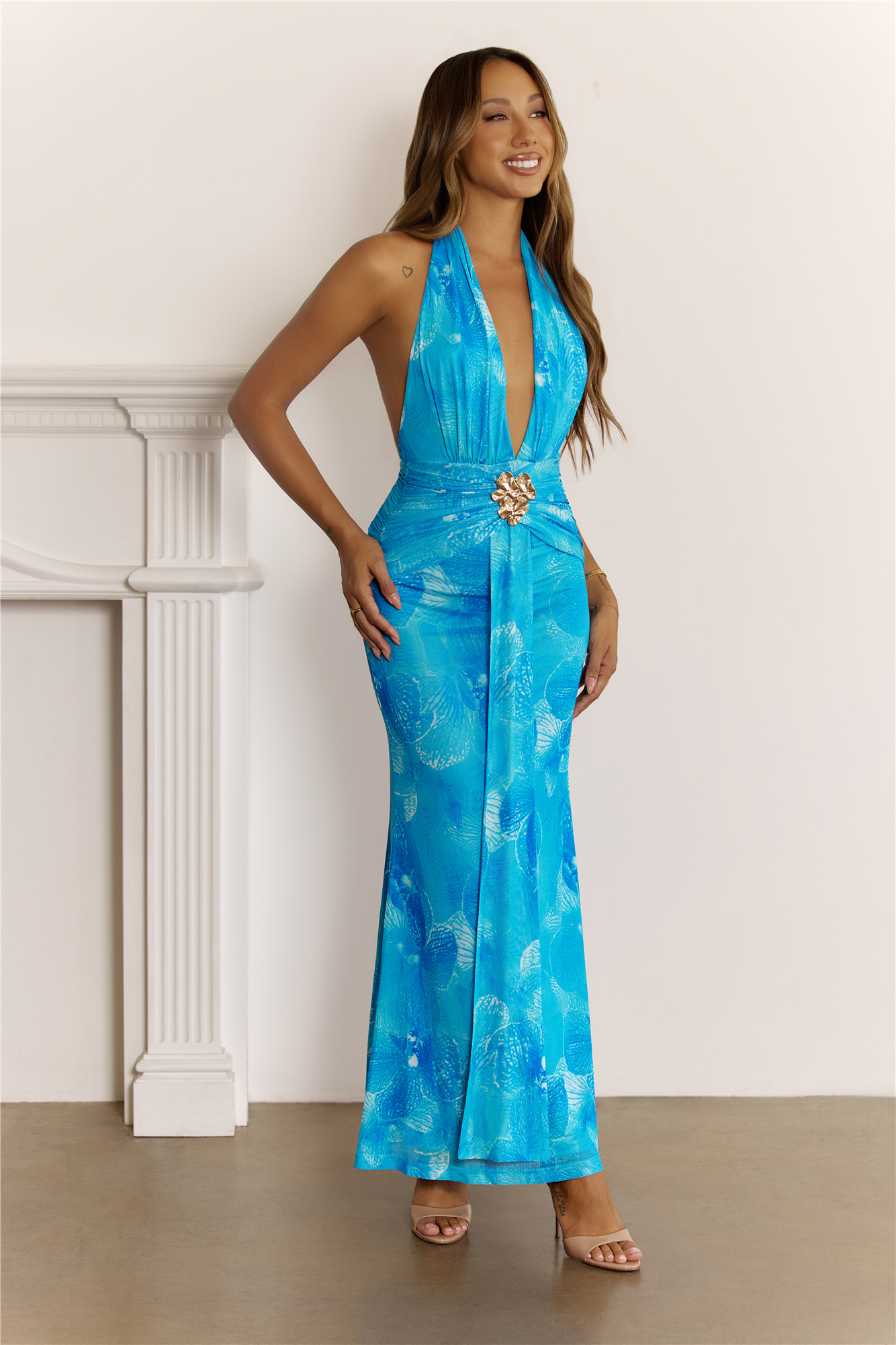 Pretty Wins Halter Mesh Maxi Dress Blue